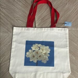 Floral Canvas Tote Bag with Red Handles